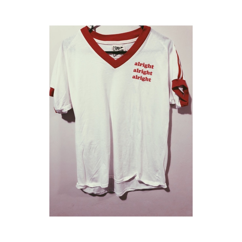 White and red V-neck T-shirt